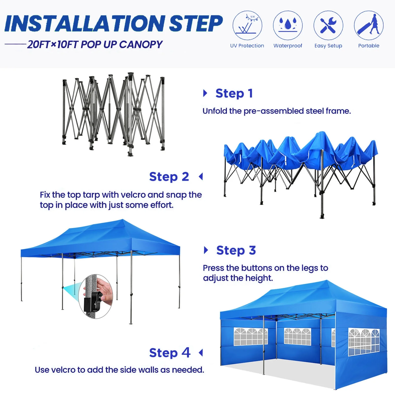COBIZI 10'x20' Canopy Heavy Duty Pop Up Canopy Tent Outdoor Gazebo Shelter Portable Instant Commercial Tent with 6 Removable Sidewalls&3 Heigh Adjustable&Roller Bag, Blue