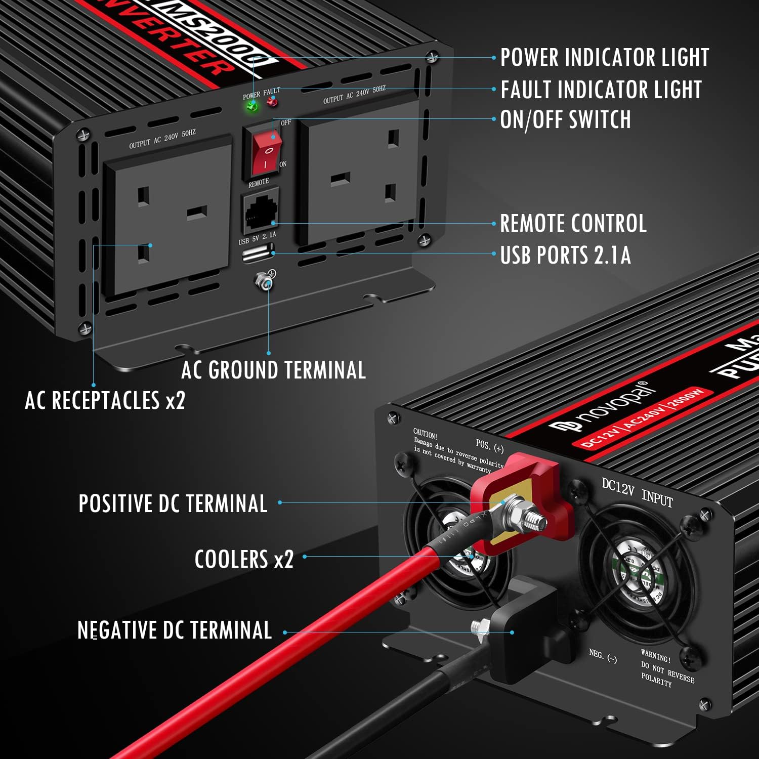 Novopal Power Inverter Pure Sine Wave-2000 Watt / 4000 Watt 24V DC to 110V/120V AC Converter- 4 AC Outlets Car Inverter with16.4 Feet Remote Control
