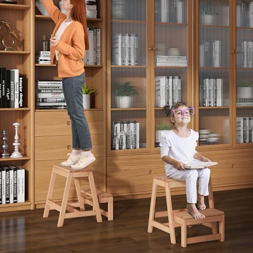 Giantex Folding Step Stool, Wooden 2-Step Stool for Kids & Adults, Holds up to 550Lbs, Portable Plant Stand, Multipurpose Storage Shelf, Stepping Stool for Kitchen Living Room (15.5