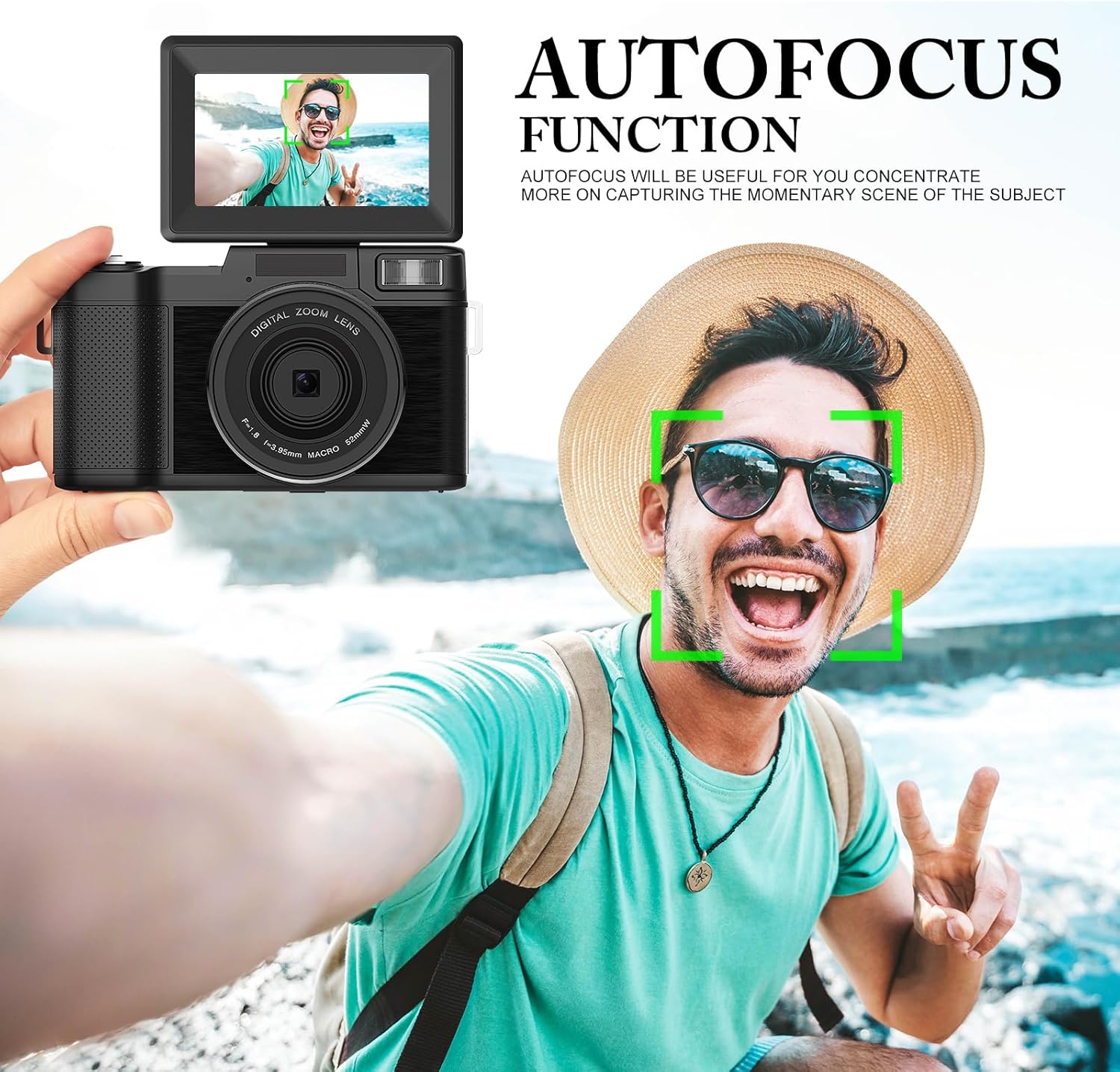 4K Digital Camera for Photography, Autofocus 48MP Vlogging Camera for YouTube with 16X Digital Zoom Macro Camera, 3’’180°Flip Screen Compact Video Camera with Liftable Flash, SD Card&2 Batteries