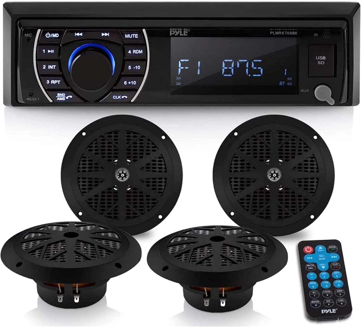 Marine Head Unit Receiver Speaker Kit - In-Dash LCD Digital Stereo Built-in Bluetooth & Microphone w/ AM FM Radio System 6.5’’ Waterproof Speakers (4) MP3/SD Readers & Remote Control - Pyle PLMRKT48BK