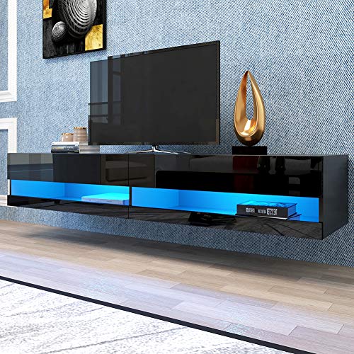 180 Wall Mounted Floating Media Consoles Hanging TV Console for 80 inch TVs Entertainment Center with 20 Color LEDs, W 70.9 inch x D 16.5 inch x H 11.8 inch, Black