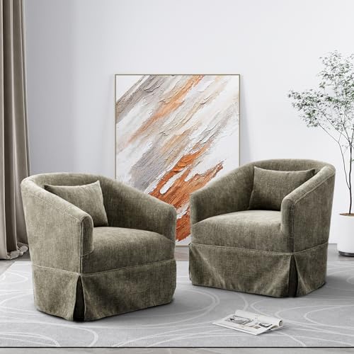 Swivel Accent Chair with Skirt Set of 2, Upholstered Swivel Barrel Chair 360 Degree Fabric Armchair for Nursery, Living Room, Bedroom, Beige