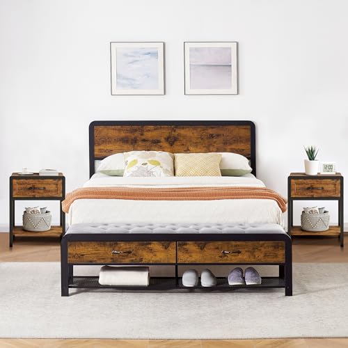IDEALHOUSE Bedroom Set, 3-Pieces Bedroom Sets, Queen Size Bed Frame with Headboard and Storage Drawers Bench, Nightstand with Charging Station and Storage Drawer