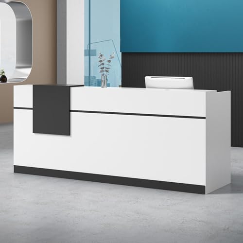 Modern Reception Desk Counter, U-Shaped Front Desk Reception Counter with Adjustable Storage Cube Lockable Drawer,Wooden Reception Table for Office Lobby (Black+White, 160cm(63 * 23.6 * 41.3in))