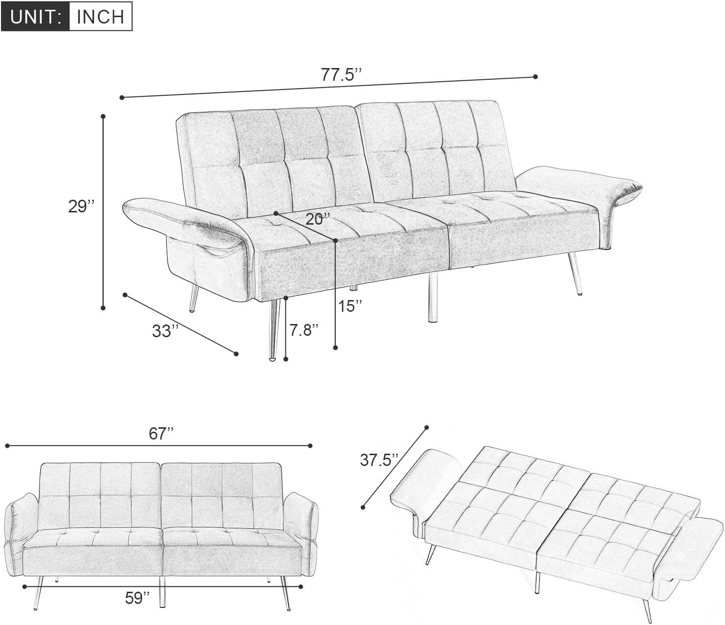 Velvet Convertible Sleeper Loveseat Bed Futon Couch W/Pocket Black Moroccan Lake House Modern Contemporary Solid Wood 8-Way Hand Tied Manual Recline