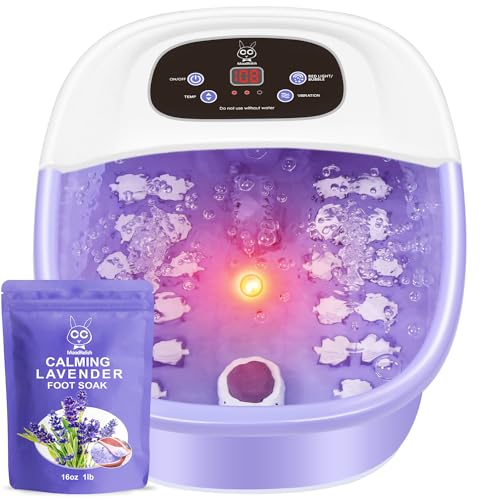 Foot Spa Bath Massager with Heat Bubbles and Vibration Massage and Jets, 16 OZ Calming Lavender Foot Soak Epsom Salt, Foot Soaker with Red Light, 22 Massage Rollers, Adjustable Temp - Blue