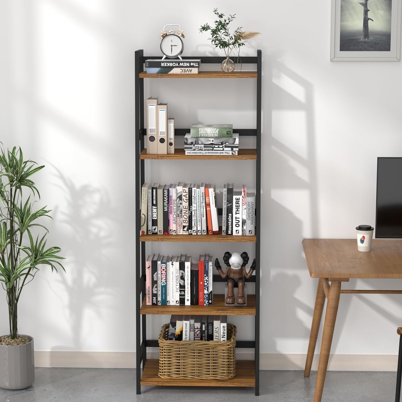 Bamboo Bookshelf Bookcase 5 Tier Tall Book Shelf Wall Corner Rack Modern Display Standing Plant ladder Shelf Shelving Unit Bamboo Book Shelves for Living Room, Home Office, Bathroom, Kitchen, Entry