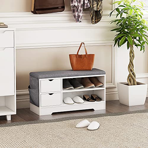 WellFurGeer Shoe Bench Entryway with Storage, Shoe Rack with Bench, Entryway Bench with Shoe Storage, Entryway Shoe Bench with Cushion, Shoe Bench Entryway, Brown + Gray