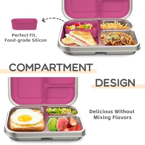 Stainless Steel Kids Leak-Resistant Bento Lunch Box, 3-Compartments with Silicone Container, Dishwasher-Safe, Child-Friendly Design for School, Picnics & Travel,BPA-Free (Blue)