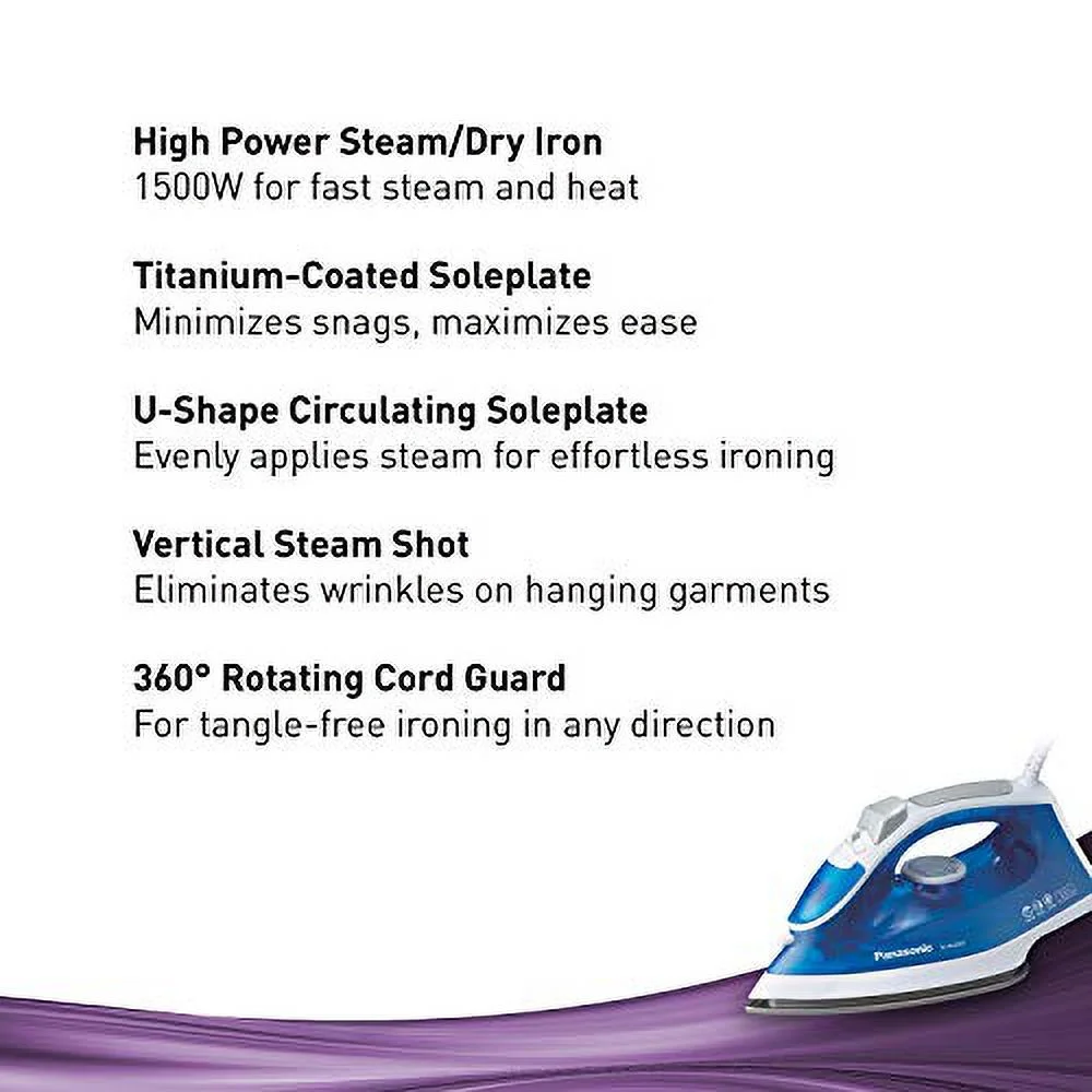 Panasonic 1500W Advanced Titanium Coated Sole Plate, Vertical Steam/Dry Iron, Standard, Blue/White