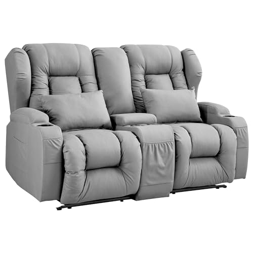 Loveseat Recliner Sofa, Manual Reclining Home Theater Seating with Console, RV Double Recliner with Cup Holders and Side Pocket for Living Room, Beige