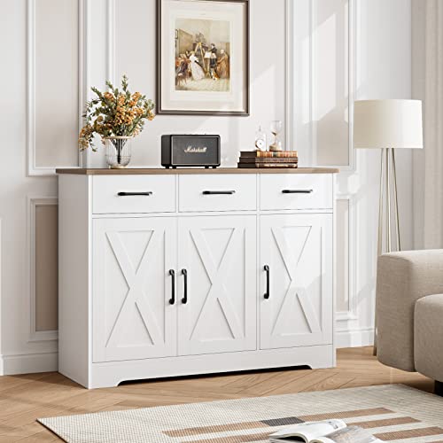 HOSTACK Modern Farmhouse Sideboard Buffet Cabinet, Barn Doors Buffet Storage Cabinet with Drawers and Shelves, Wood Coffee Bar with Storage for Kitchen, Dining Room, Living Room, White