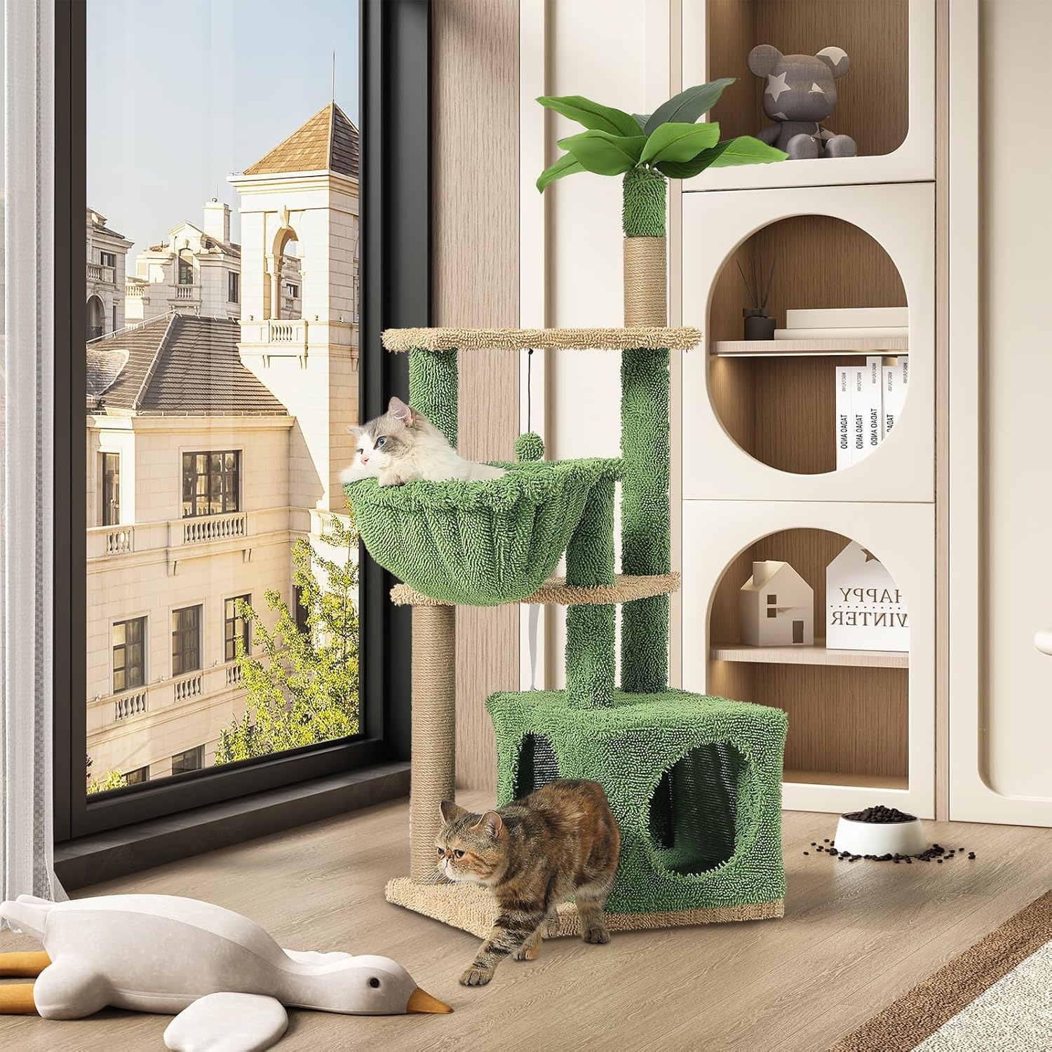 MSmask 51 Inches Cat Tree, Multi-Level Cat Tower with Large Hammock, Climbing Activity Tree with Artificial Palm Leaves, Cat Condo, Sisal Scratching Posts, Hanging Ball