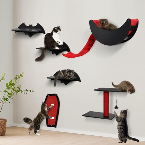 Gothic Cat Wall Shelves 7pcs Wall-Mounted Cat Climber Set Cat Tree Cat Bed with Bridge Ladder Steps Scratching Board Posts Hanging Spider Toy Cat Condo Furniture for Cats