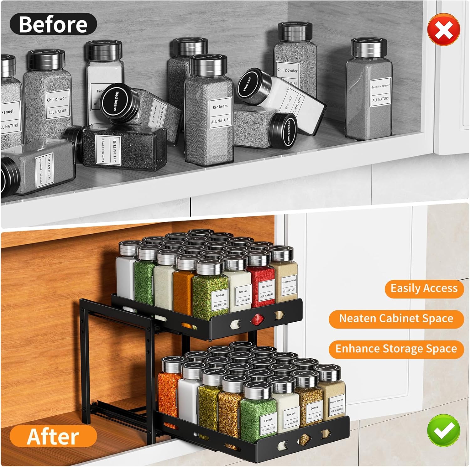 RCHYFEED Pull Out Spice Rack Organizer for Cabinet, 2-Tier Heavy Duty Slide Out Spice Rack for Inside Cabinets & Pantry, Kitchen Seasoning Organizer Vertical Spice Racks,9.5