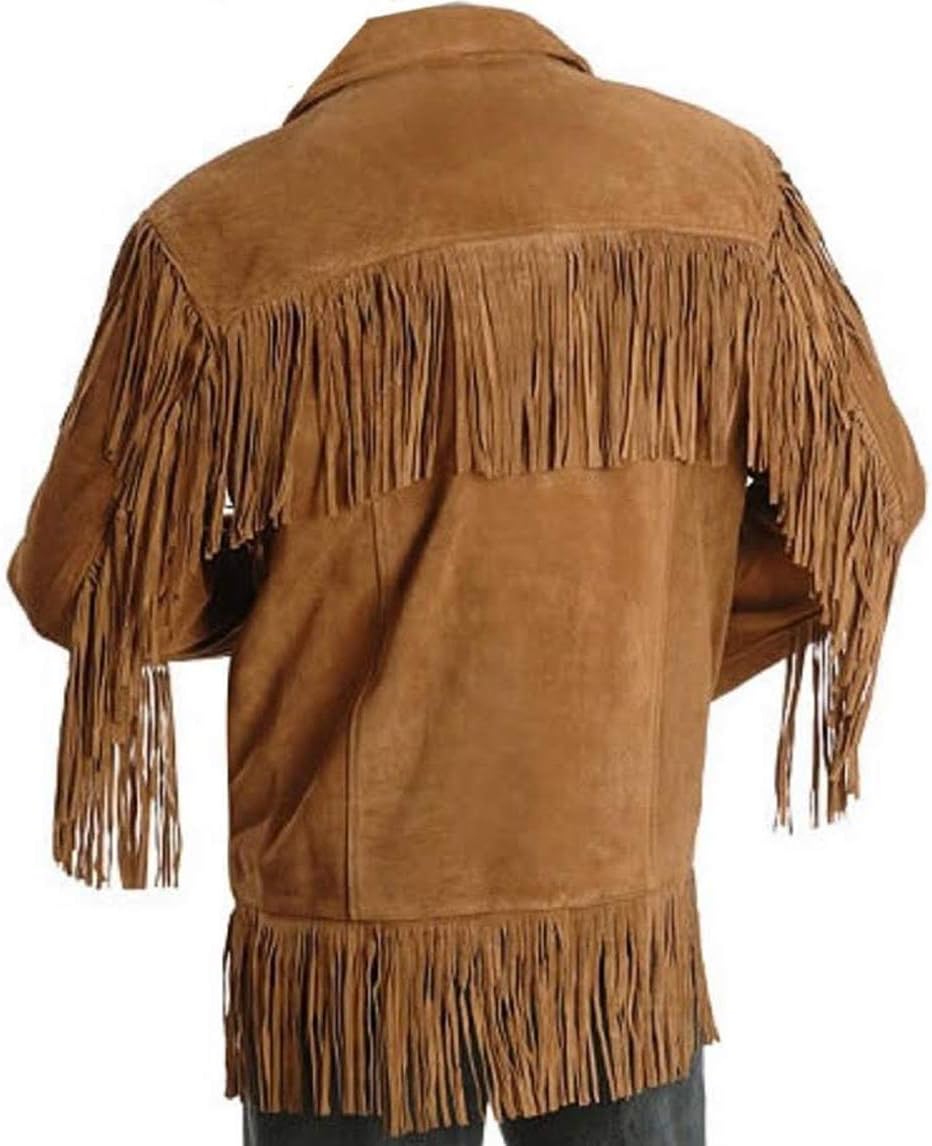 Men's Traditional Cowboy Western Leather Jacket Brown Coat with Fringe Native American Jacket Suede-M
