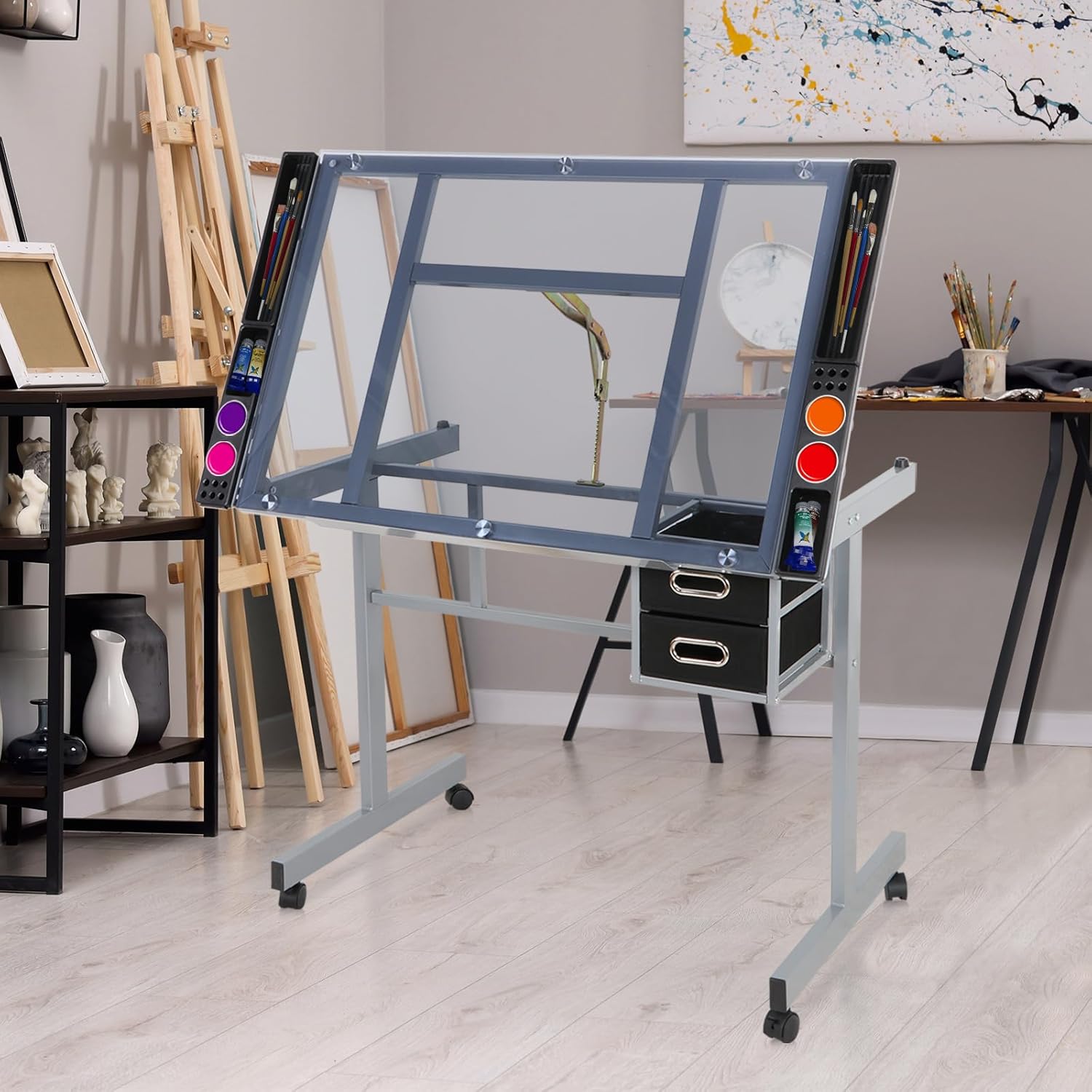 Drafting Table, Height Adjustable Artist Desk with Slide Storage Drawers and Wheels, Work/Art Station for Drawing, Writing, Home Office