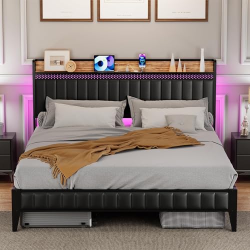 IDEALHOUSE Queen Bed Frame with Charging Station, LED Bed Frame with Storage Headboard, Upholstered Platform Bed Frame, No Box Spring Needed, Easy Assembly, Black