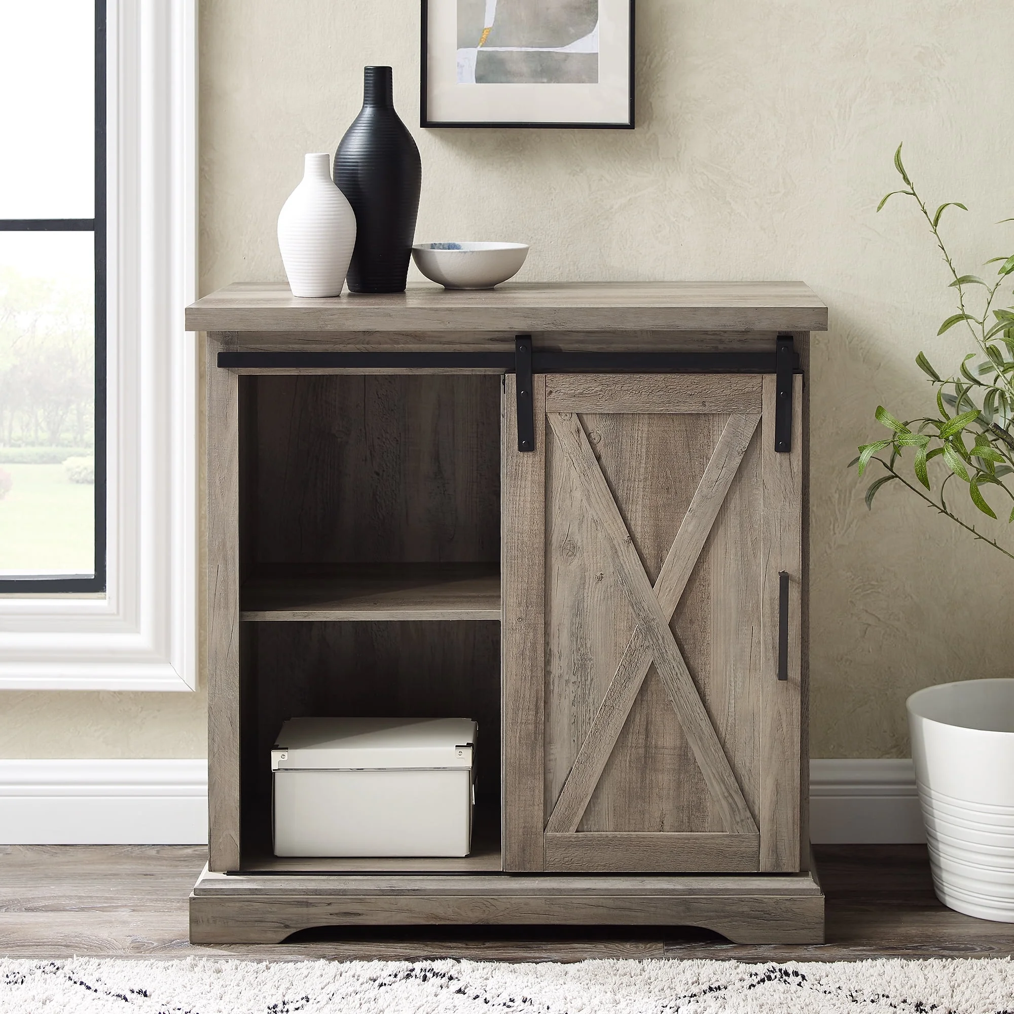 Walker Edison Sliding Barn Door Accent Cabinet, Grey Wash
