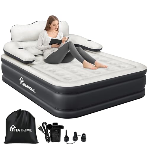 YITAHOME Queen Size Air Mattress with Headboard and Built-in Pump, 18in Blow Up Mattress with Carry Bag, Repair Kit, and Nozzles for Home, Camping, and Travel