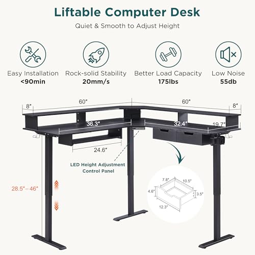 RedLemon 60 Inches L Shaped Electric Standing Desk,Height Adjustable Corner Gaming Desk with Drawers, Keyboard Tray, Power Outlets & LED Lights, Comnputer Desk with Monitor Shelf, Dark Rustic Oak