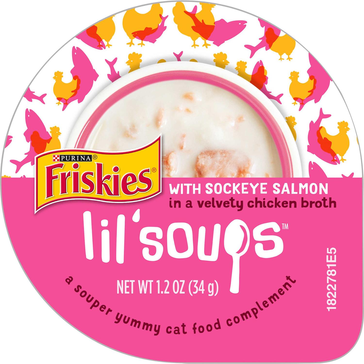 Friskies Lil' Soups with Sockeye Salmon in a Velvety Chicken Broth Lickable Cat Food Topper, 1.2-oz cup, case of 8 - Pet Supplies online store