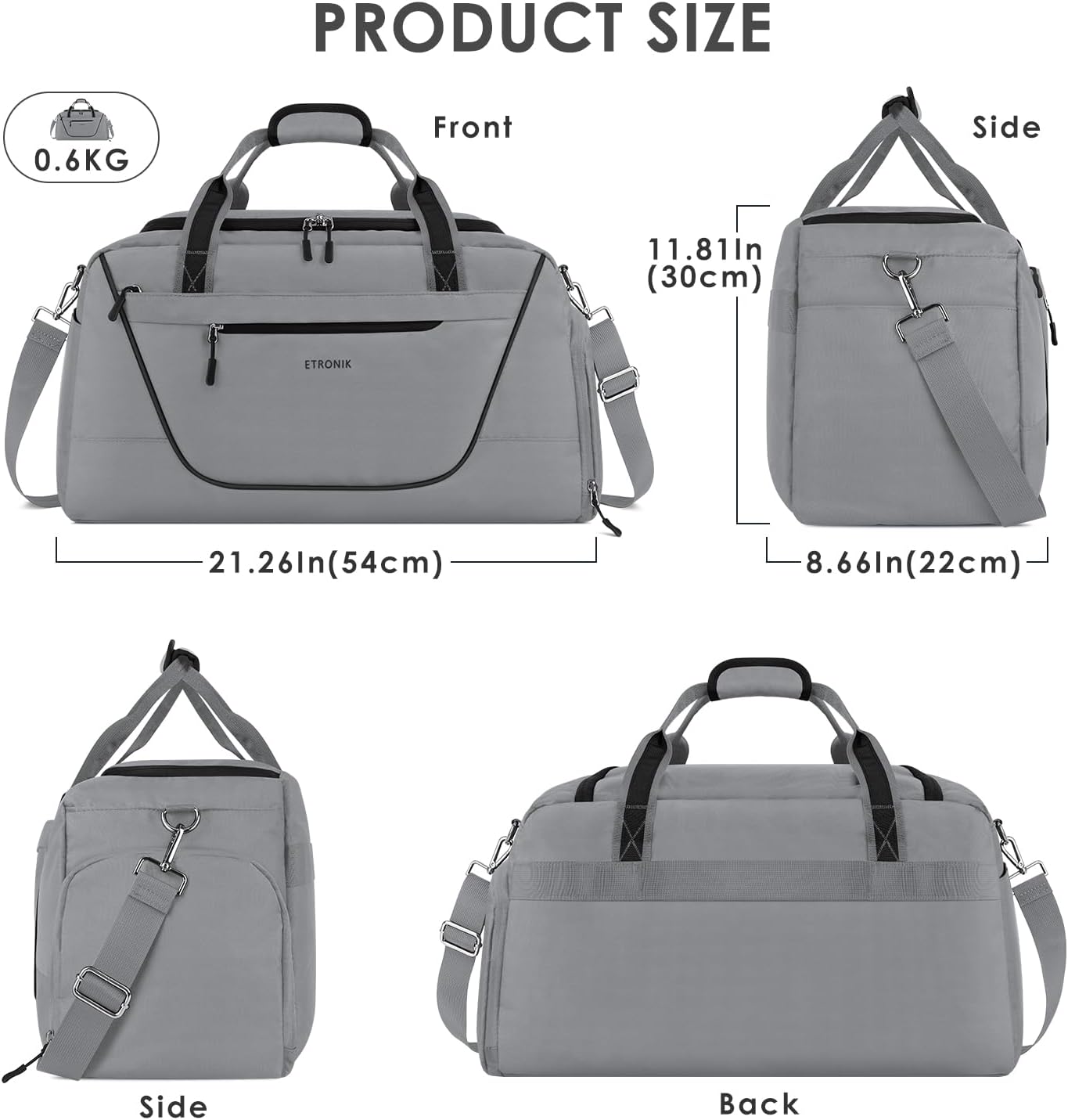 ETRONIK Gym Bag for Women Men, Duffle Bag with Lock, Travel Bag with Shoe Compartment and Wet Pocket, Large Capacity Weekender Overnight Bag, Carry on Bag for Fitness & Yoga, Grey