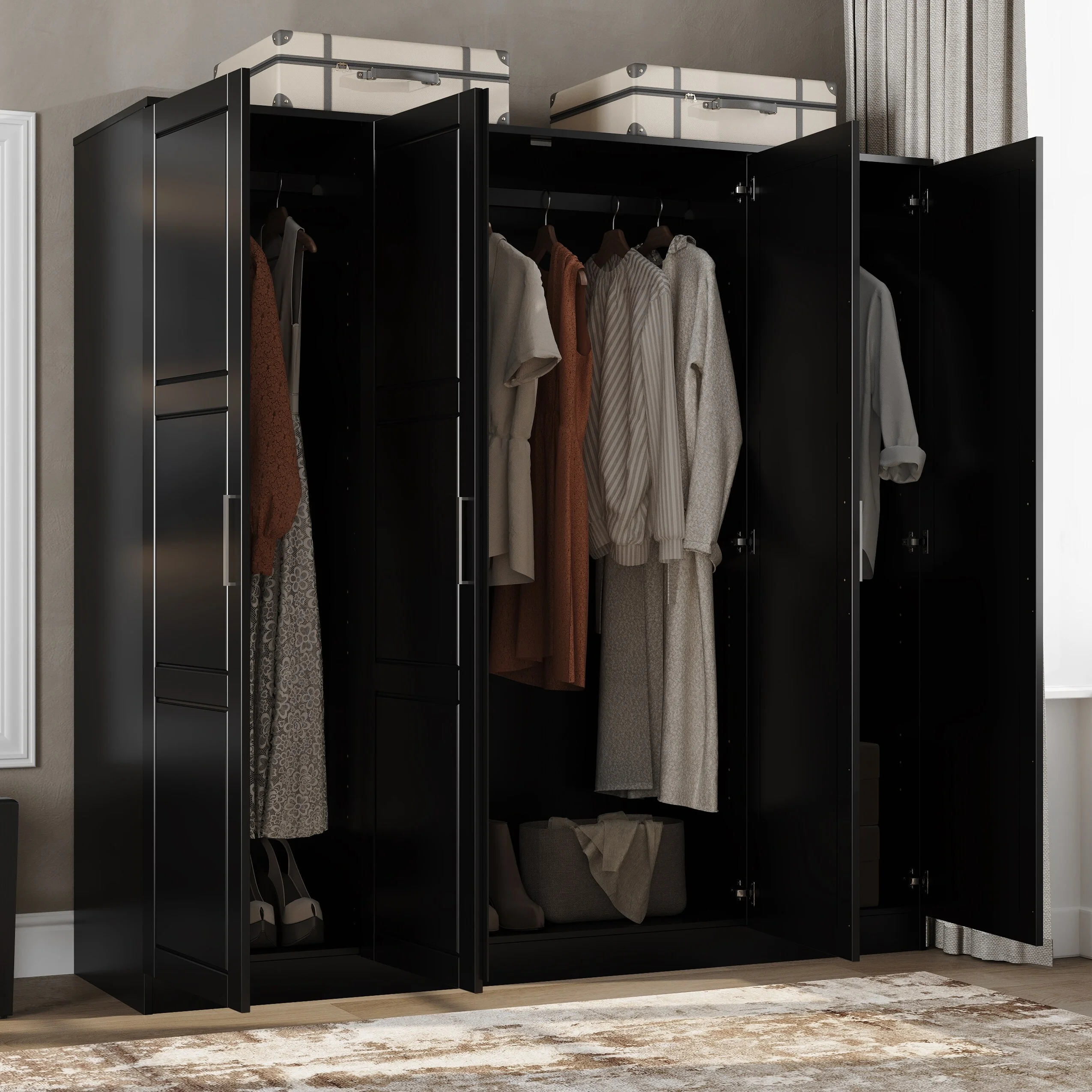 Palace Imports, Inc. 100% Solid Wood Cosmo 4-Door Wardrobe with Solid Wood or Mirrored Doors Black - Radiant Selections