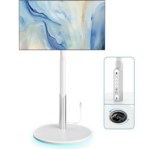 Floor Mobile TV Stand with Power Outlet, Rolling TV Cart for 27-65 Inch OLED LED Monitors, 6 Levels of Height Adjustment, Ambient Lighting on The Bottom Wheels Holds up to 88lbs, 400x400mm