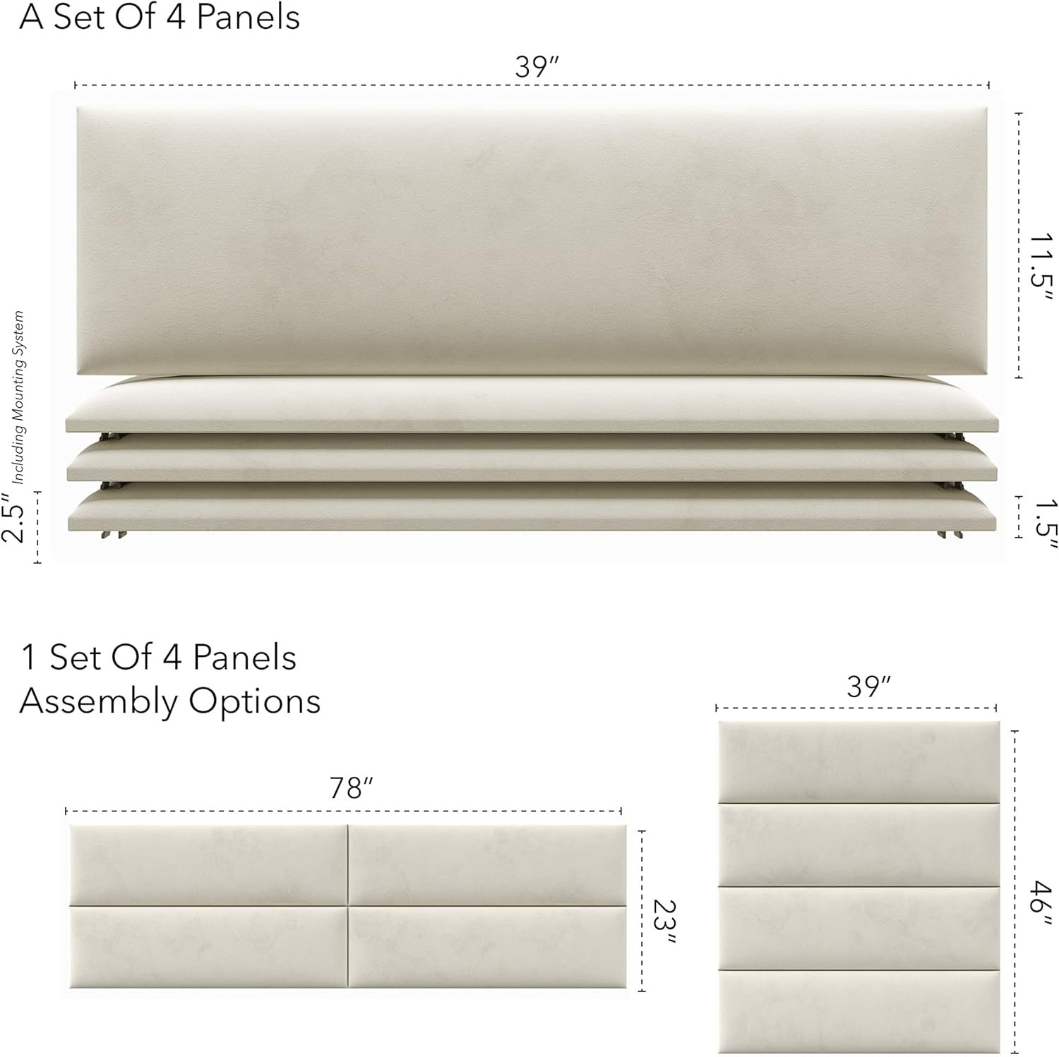 Upholstered Headboards - Accent Wall Panels - Velvet Ivory - /King - Set Of 4 Panels (Each Individual Panel 39