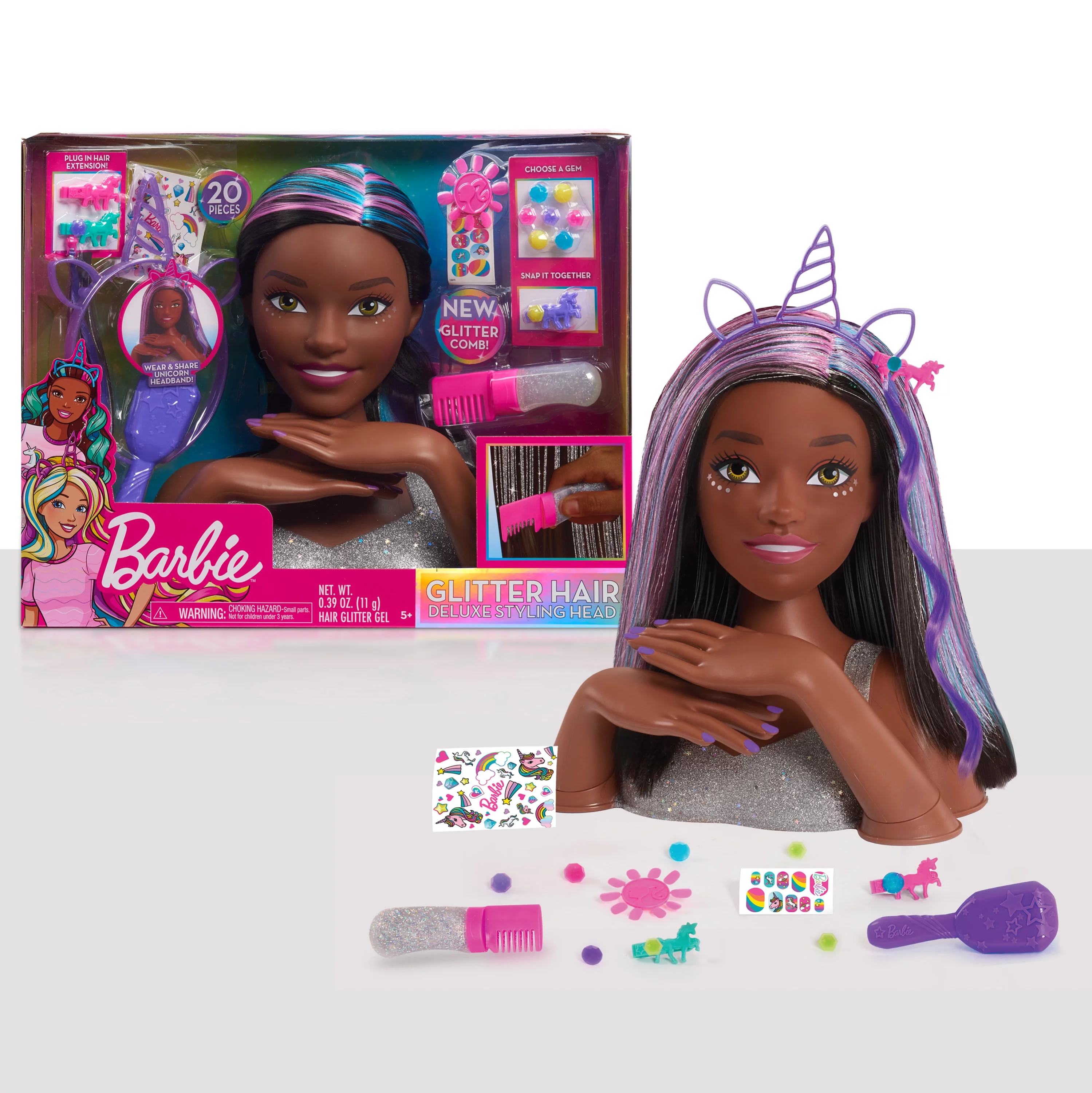 Barbie Deluxe 20-Piece Glitter and Go Styling Head, Black Hair,  Kids Toys for Ages 5 Up, Gifts and Presents