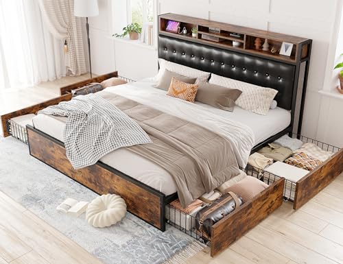 EnHomee Queen Bed Frame with 4 Drawers Bed Frame Queen Size with Headboard Loads 1100LBS Upholstered Queen Size Bed Frame with Charging Station, Queen Bed Frame with Storage, No-Noise
