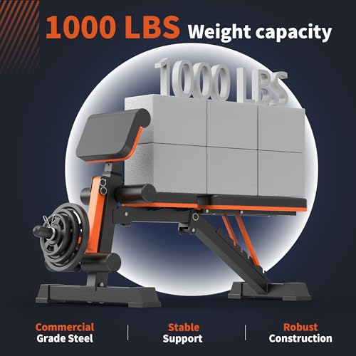 Adjustable Weight Bench - 1000LBS Heavy Duty Foldable Workout Bench Press with Leg Extension and Preacher Pad, Flat/Incline/Decline, Sit Up Bench for Full Body Strength Training at Home Gym