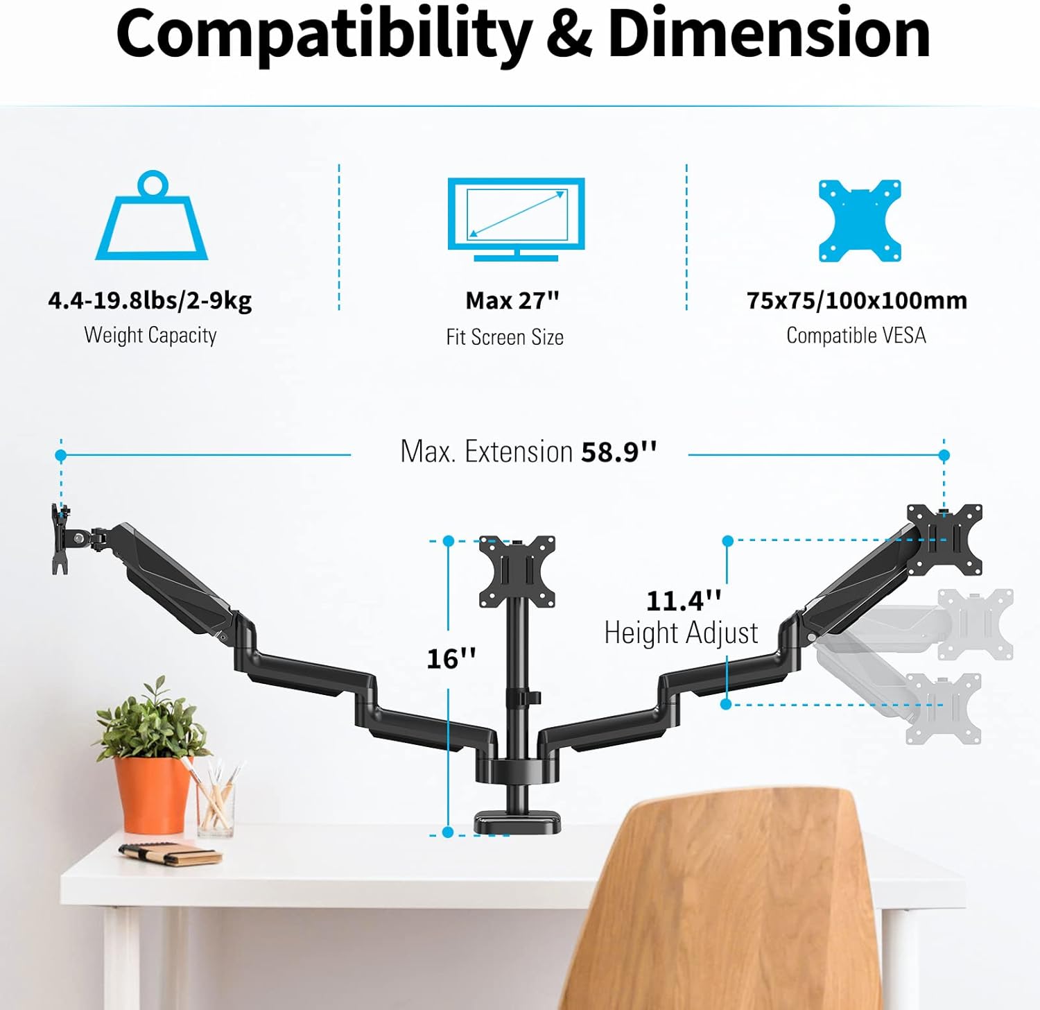 MOUNTUP Triple Monitor Mount - Monitor Desk Mount for 3 Computer Screens Up to 27 inch, Triple Monitor Arm with Gas Spring, Heavy Duty Monitor Stand, Each Arm Holds Up to 19.8 lbs