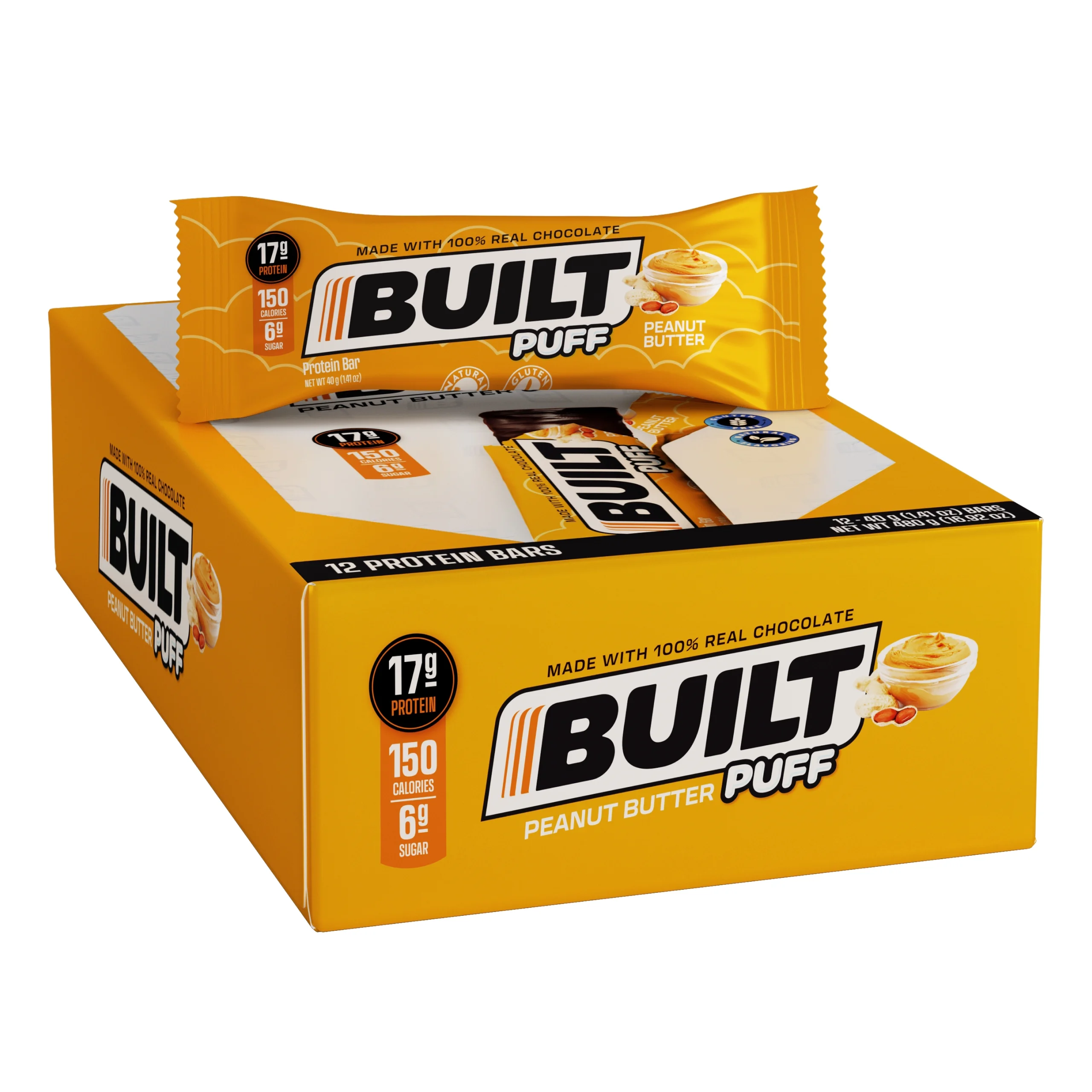 BUILT Bar Puff Protein Bar, Collagen, Gluten Free, Low Sugar, Peanut Butter Puff, 12 Ct Box