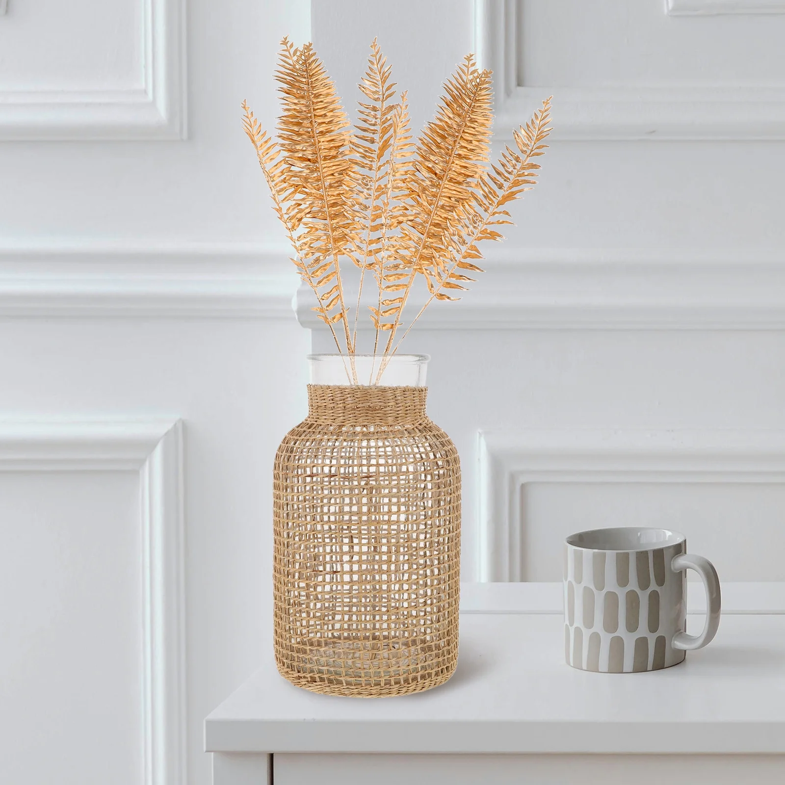 Woven Rattan Vase Glass Vase Flower Pot Vase Table Centerpiece Glass Planter