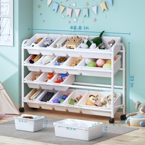 Kids Toy Storage Organizer with 12 Plastic Bins, 4-Tier Metal Toy Storage Rack, Metal Toy Organizer with Storage Bins for Kids Room, Playroom and Nursery, Multi-Color