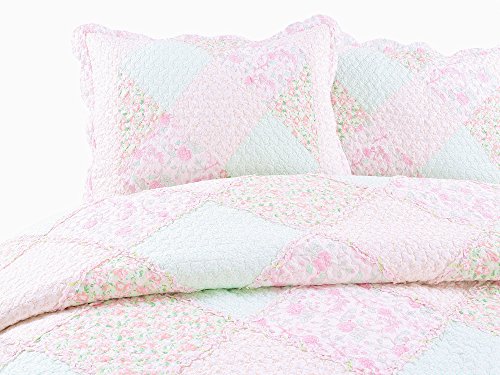 Cozy Line Home Fashions Pastel Floral Rose Garden 3-Piece Soft Pink Peach Green Ruffle Patchwork Cotton Reversible Queen Quilt Bedding Set
