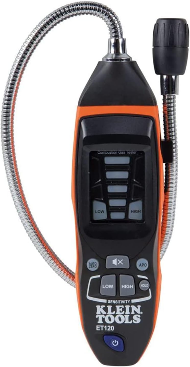 Klein Tools ET120 Gas Leak Detector, Combustible Gas Leak Tester with 18-Inch Gooseneck Has Range 50 - 10,000 ppm, Includes Pouch, Batteries
