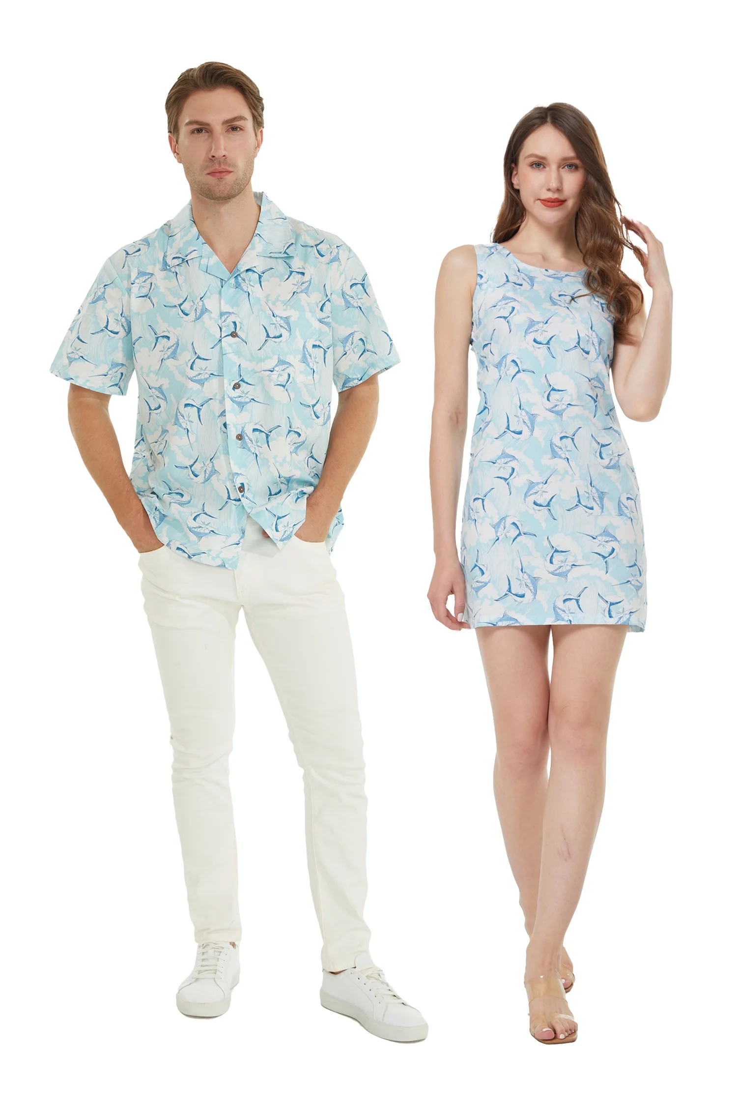 Matchable Couple Hawaiian Luau Shirts, Marlin Blue, Men, X-Large