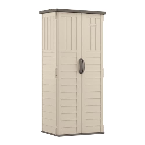 Suncast Vertical Outdoor Storage Shed with Reinforced Floor, Lockable Double Doors, All-Weather Construction, and Multi-Wall Panels, Vanilla, Made in the USA
