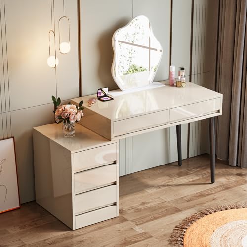 Tribesigns Gloss Desk with 5 Drawers, Modern Home Office Desk with Storage Drawers and Printer Stand, Reversible Computer Desk Vanity Desk for Bedroom, Living Room, Beige Glossy
