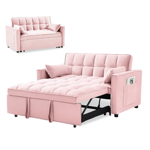 3 in 1 Sleeper Sofa Couch Bed,Velvet Convertible Loveseat Sleeper Sofa Bed,Pull Out Sofa Bed With USB Port & Ashtray and Swivel Phone Stand & Storage Pockets,Modern Sleeper Sofa for Living Room,Beige