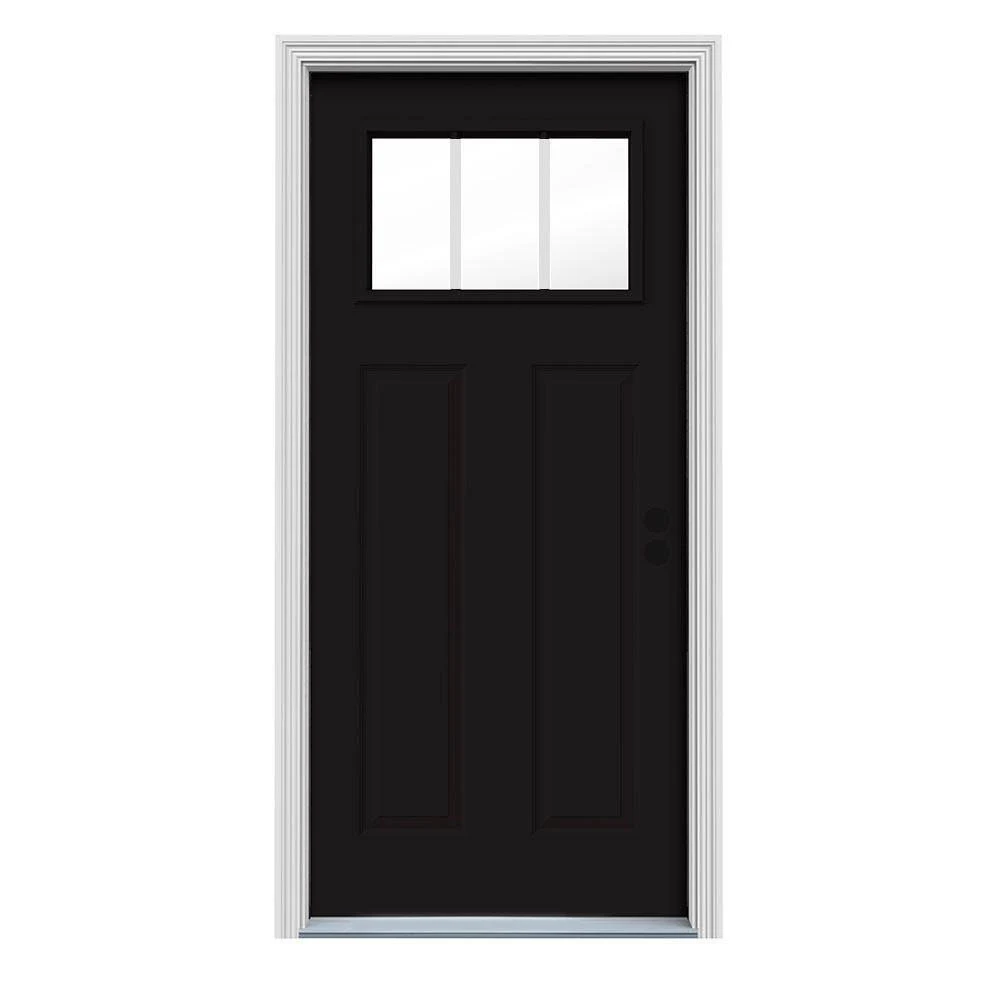 JELD-WEN 36 in. x 80 in. 3 Lite Craftsman Black Painted Steel Prehung Left-Hand Inswing Front Door w/Brickmould