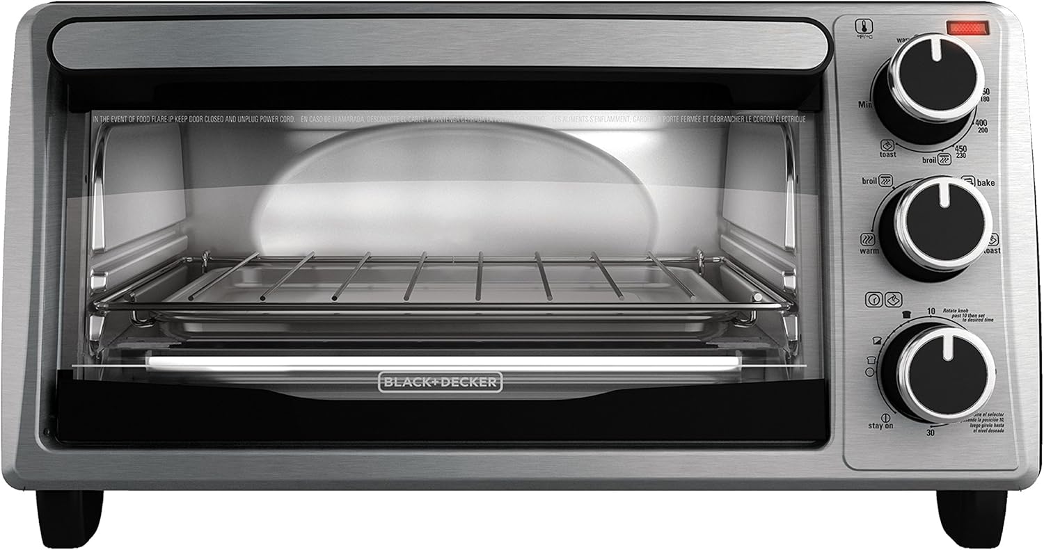 Black+Decker TO1303SB 4-Slice Toaster Oven, 14.5 x 8.8 x 10.8 inches, Stainless Steel/Black