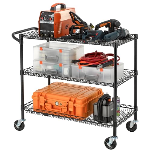 Finnhomy 3 Tier Heavy Duty Commercial Grade Utility Cart, Wire Rolling Cart with Handle Bar, Steel Service Cart with Wheels, Utility Shelf Plant Display Shelf Food Storage Trolley, NSF Listed