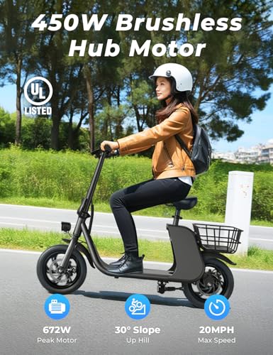Electric Scooter with Seat for Adults, 672W Peak Motor Up to 20 Miles Range, 20 MPH, 12.5 inch Tires Folding 2 Wheel E Scooter for Commuting with Basket