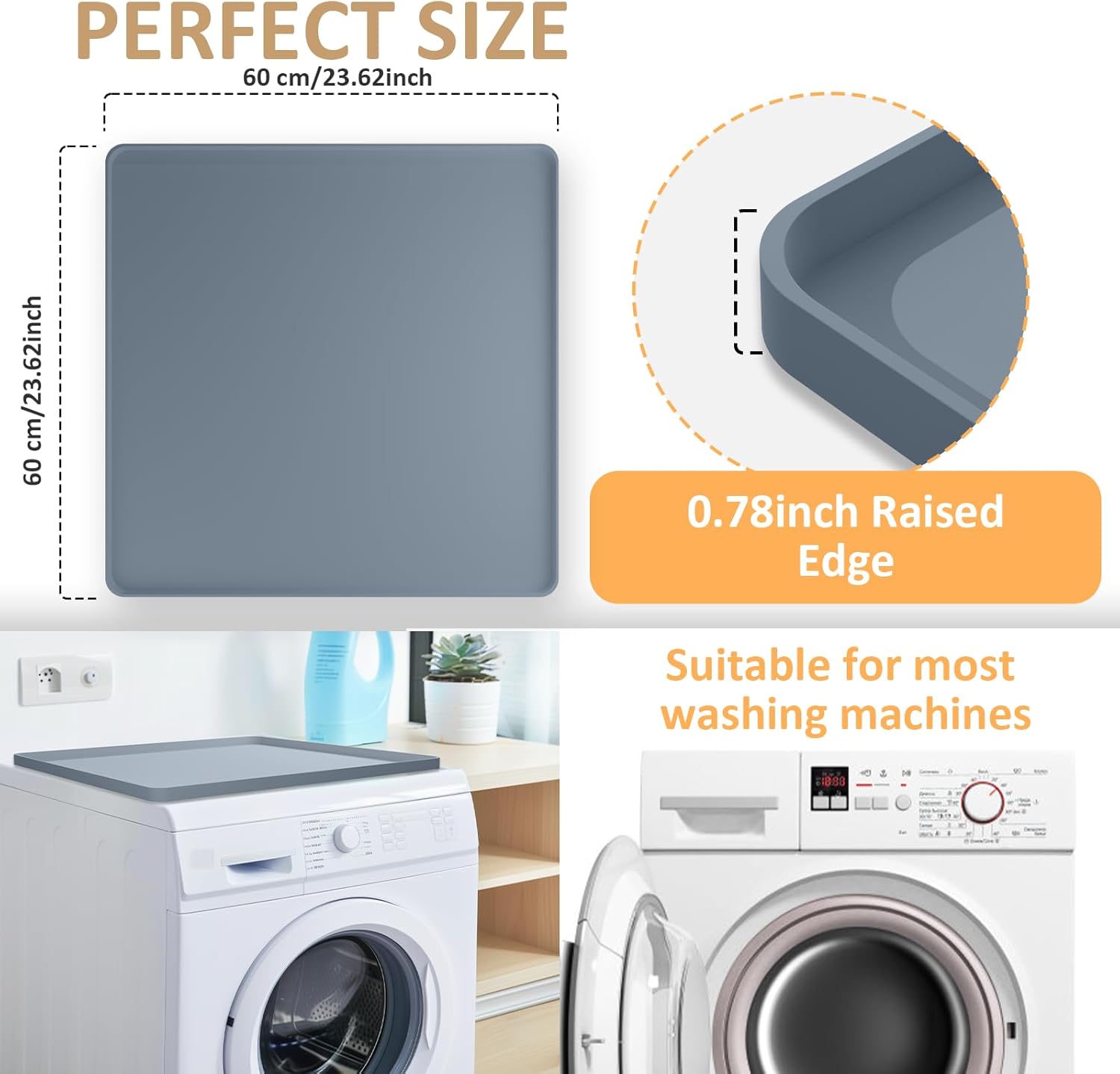 Washer and Dryer Covers for the Top, 23.6'' x 23.6'' Grey Silicone Rubber Washer Dryer Top Protector Mat, Non-slip Waterproof Washing Machine Cover for Top Load for Home Kitchen Laundry Room
