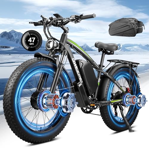 Peak 5000W 52V Dual Motor Ebike 40-47MPH 24 Inch Electric Bike for Adults 32AH Battery 100 Miles Long Range with Hydraulic Disc Brake Rear Bag Electric Bicycles Fat Tire E Bike for All Terrain